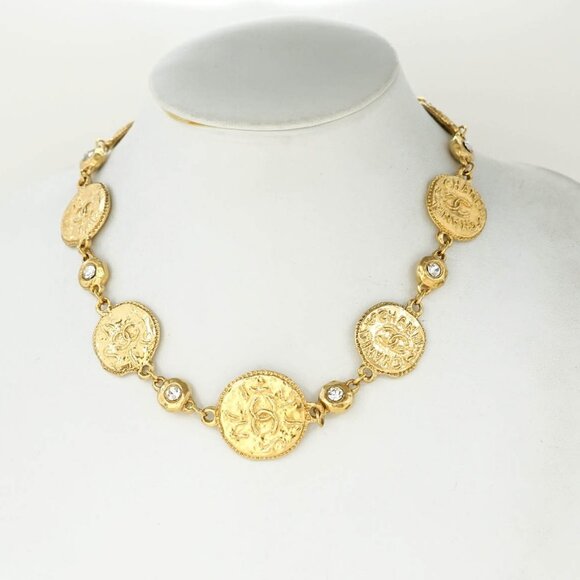 CHANEL CC Logos Rhinestone Coin Charm Necklace 17" Gold Tone Auth - Picture 1 of 6